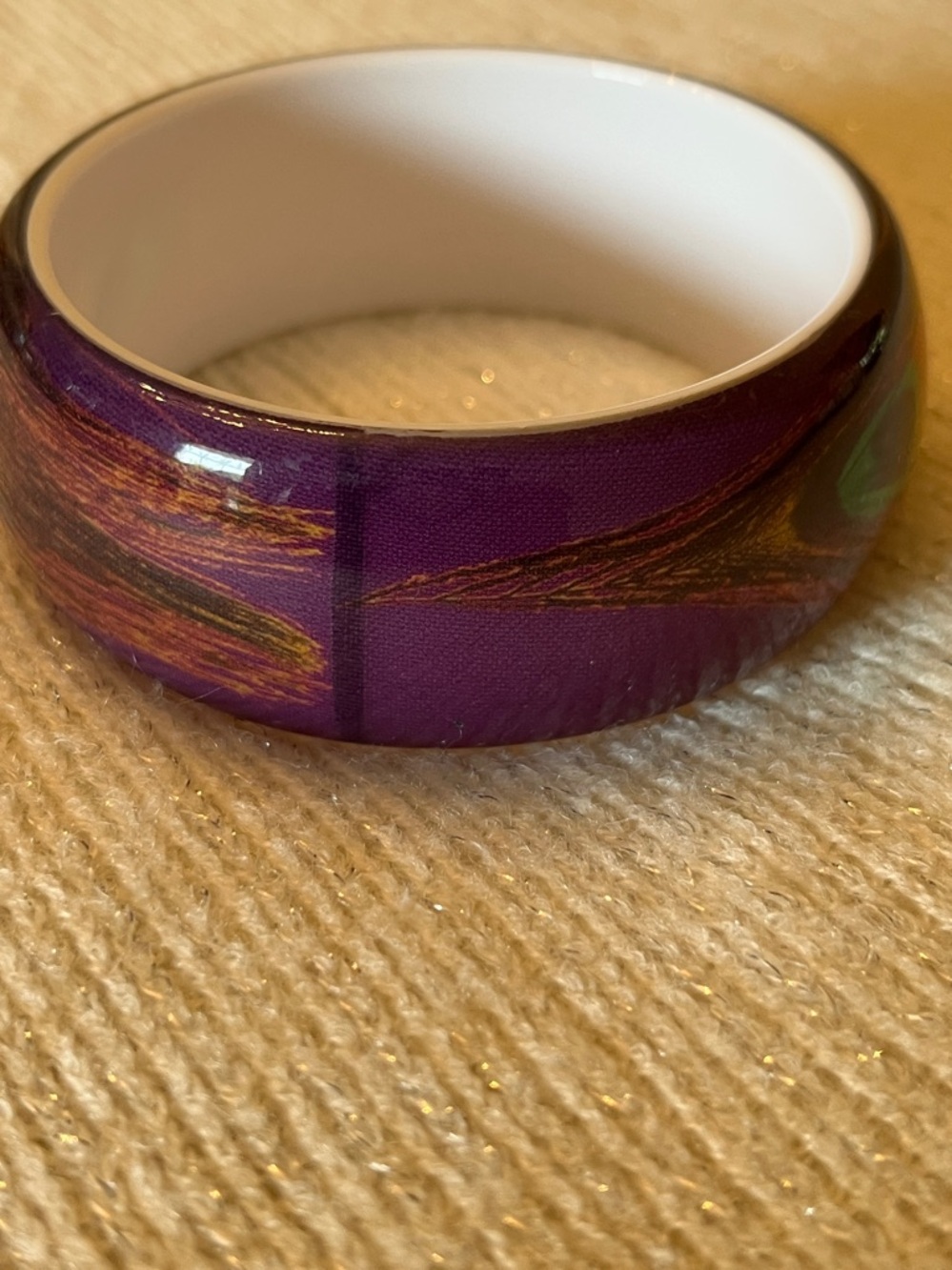 Peacock Feather Print Purple Bangle Bracelet - Picture 2 of 3